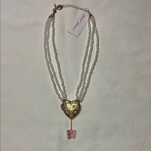Betsey Johnson Heart Locket Necklace with Pearls Butterfly Daisy I Love You NWT